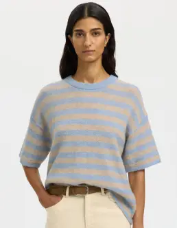 SELECTED LULU 2/4 O-NECK STRIK - CASHMERE BLUE/BIRCH - Nyheder